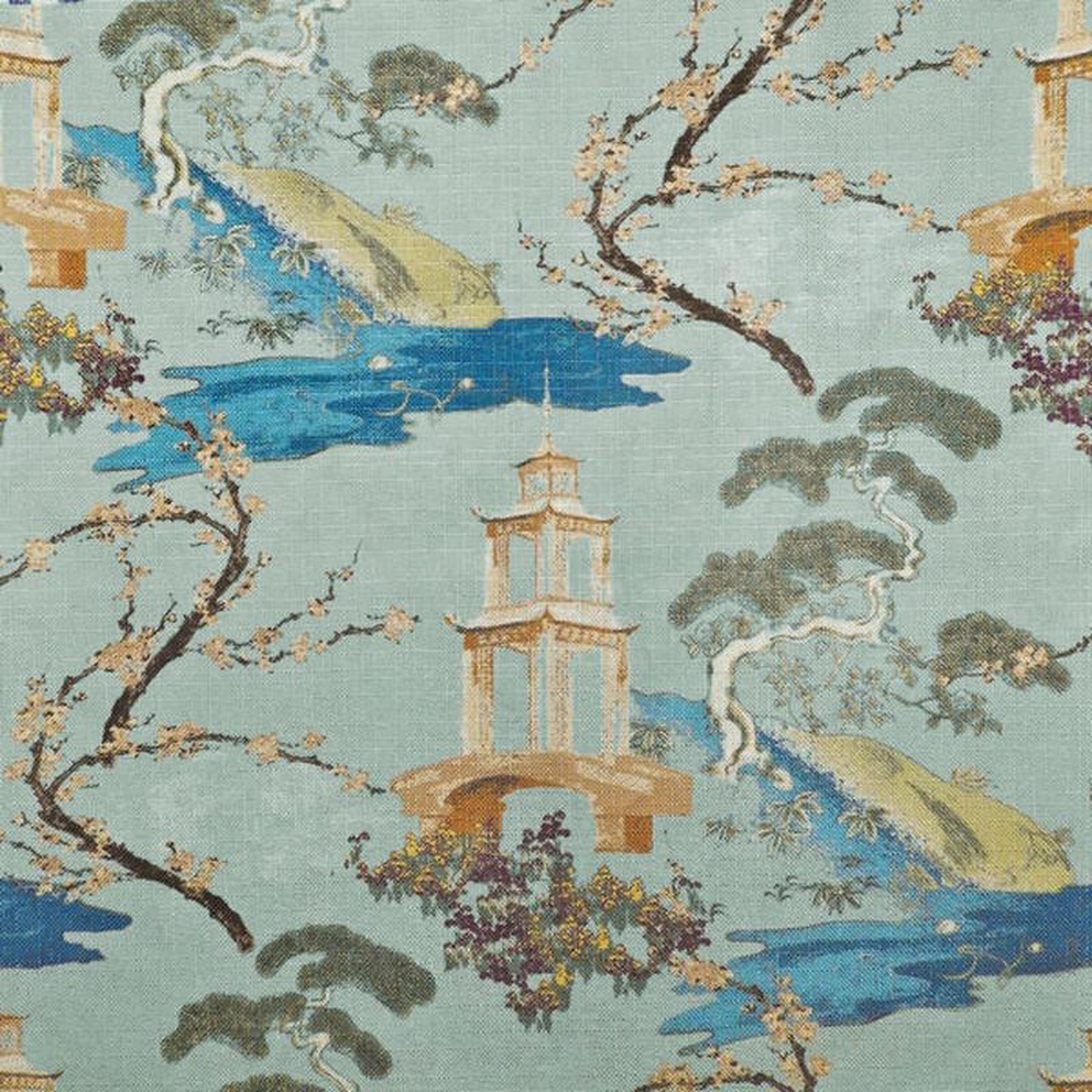 Zen Seaspray Asian Pagoda Chinoiserie Regal Fabric