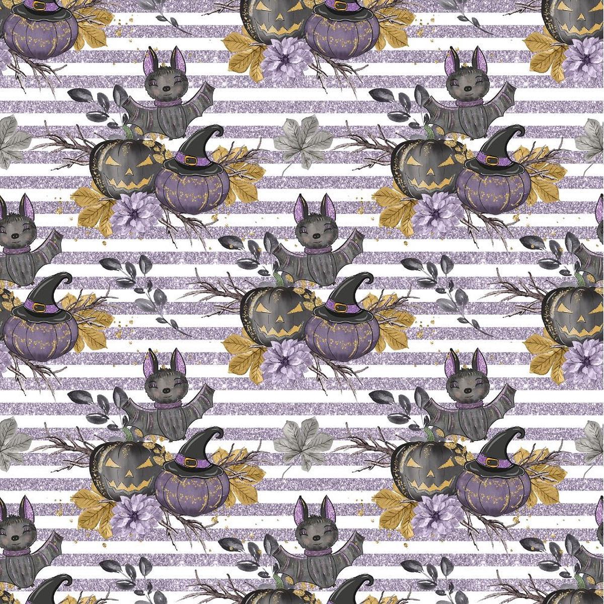 Black Pumpkins Bouquet Purple Stripes Fabric - White