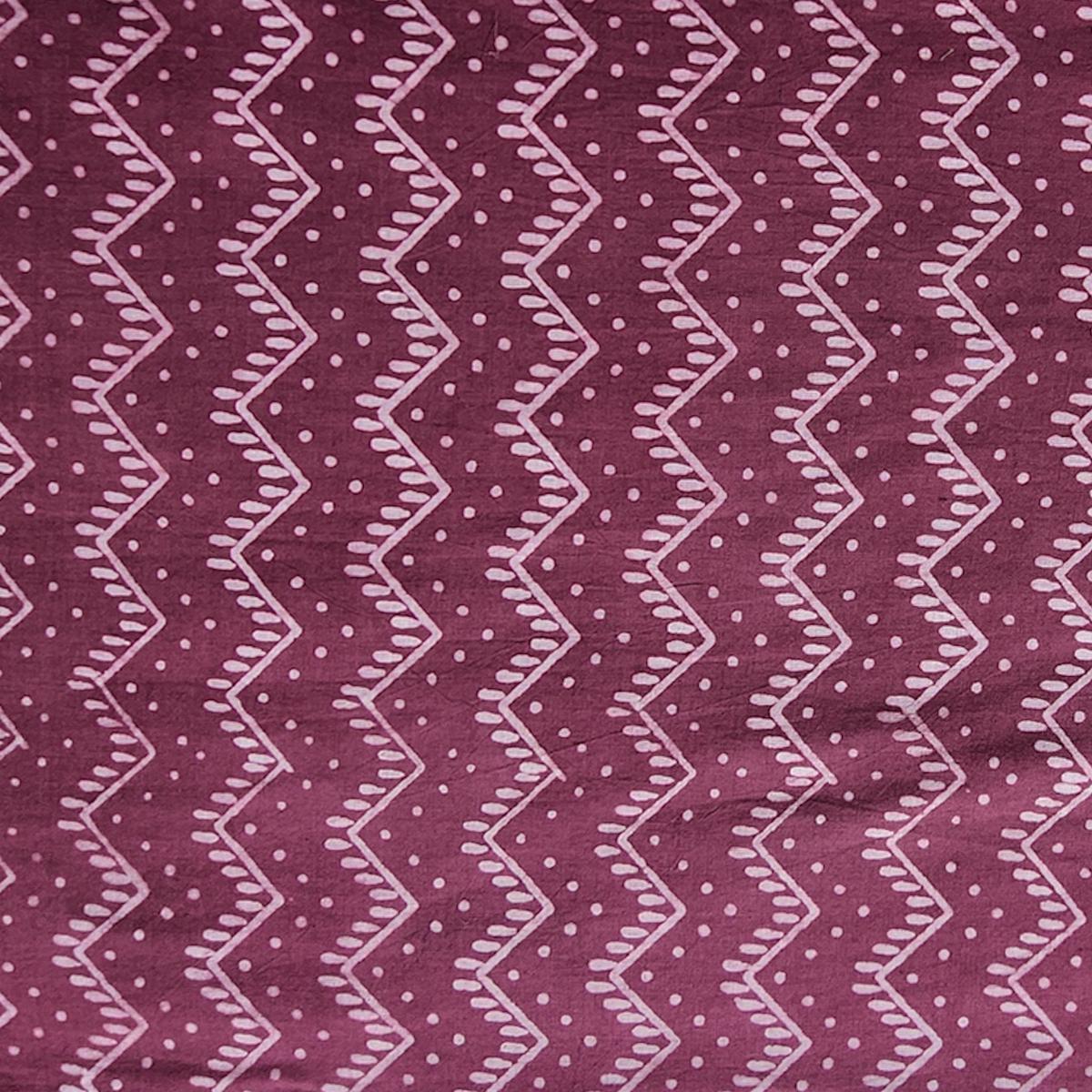 Pure Cotton Dabu Dark Mauve With Zig-Zag Design Stripes Hand Block Print Fabric