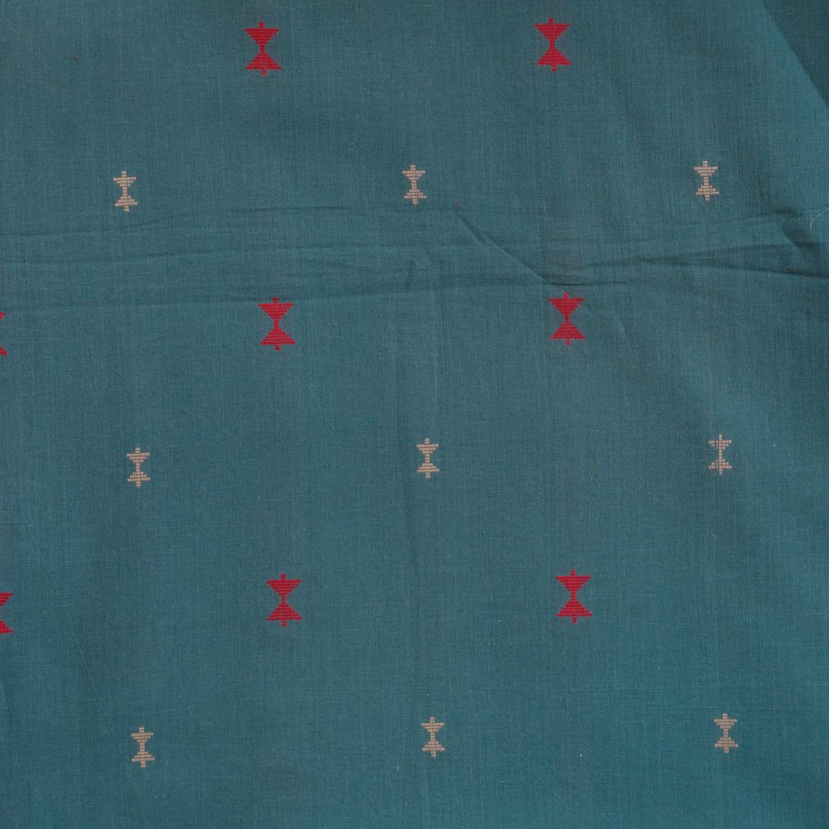 Pure Cotton Handloom Pine Green With Red And Cream Motif Border Design Woven Fabric