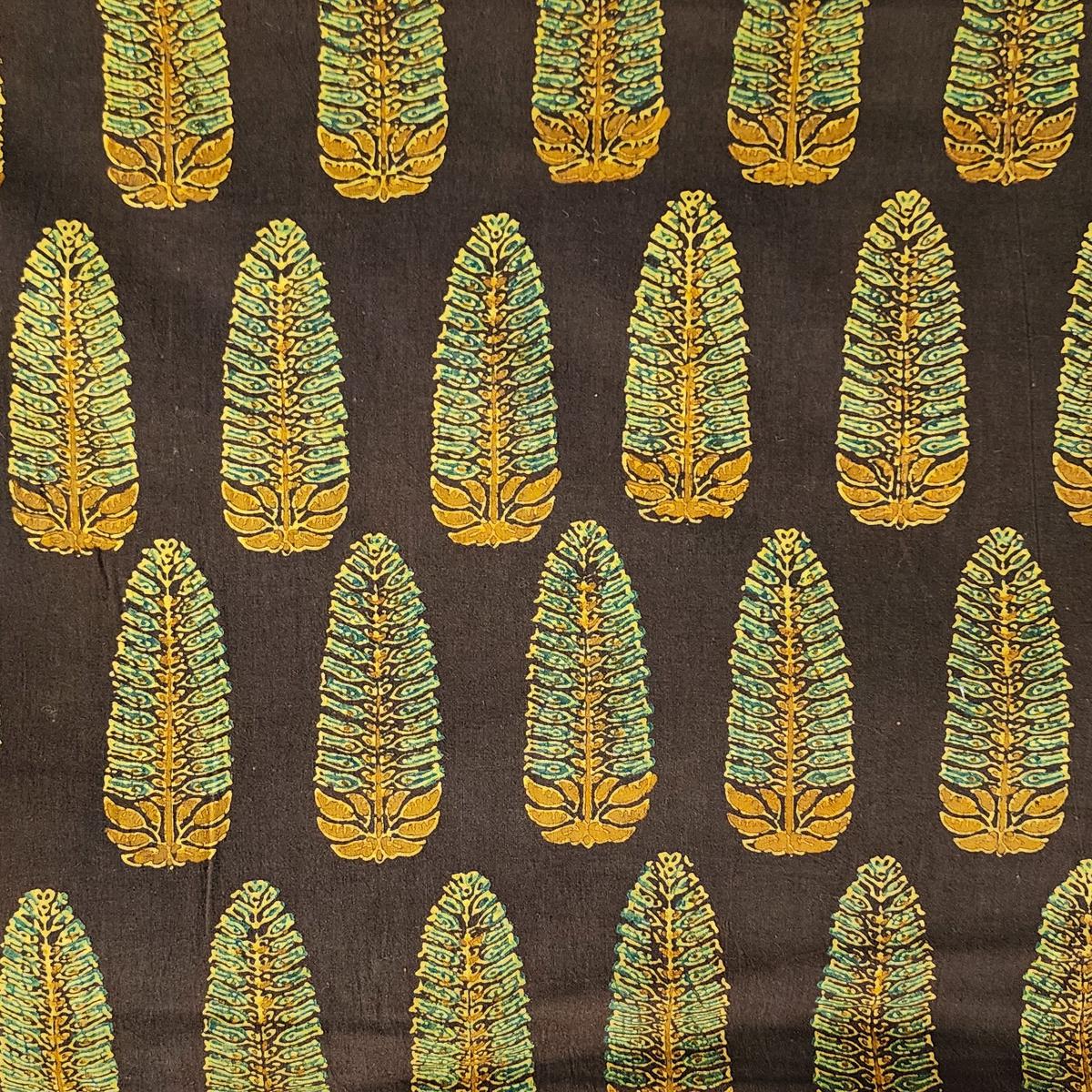 Pure Cotton Gad Ajrak Brown With Leaves Motif Hand Block Print Fabric
