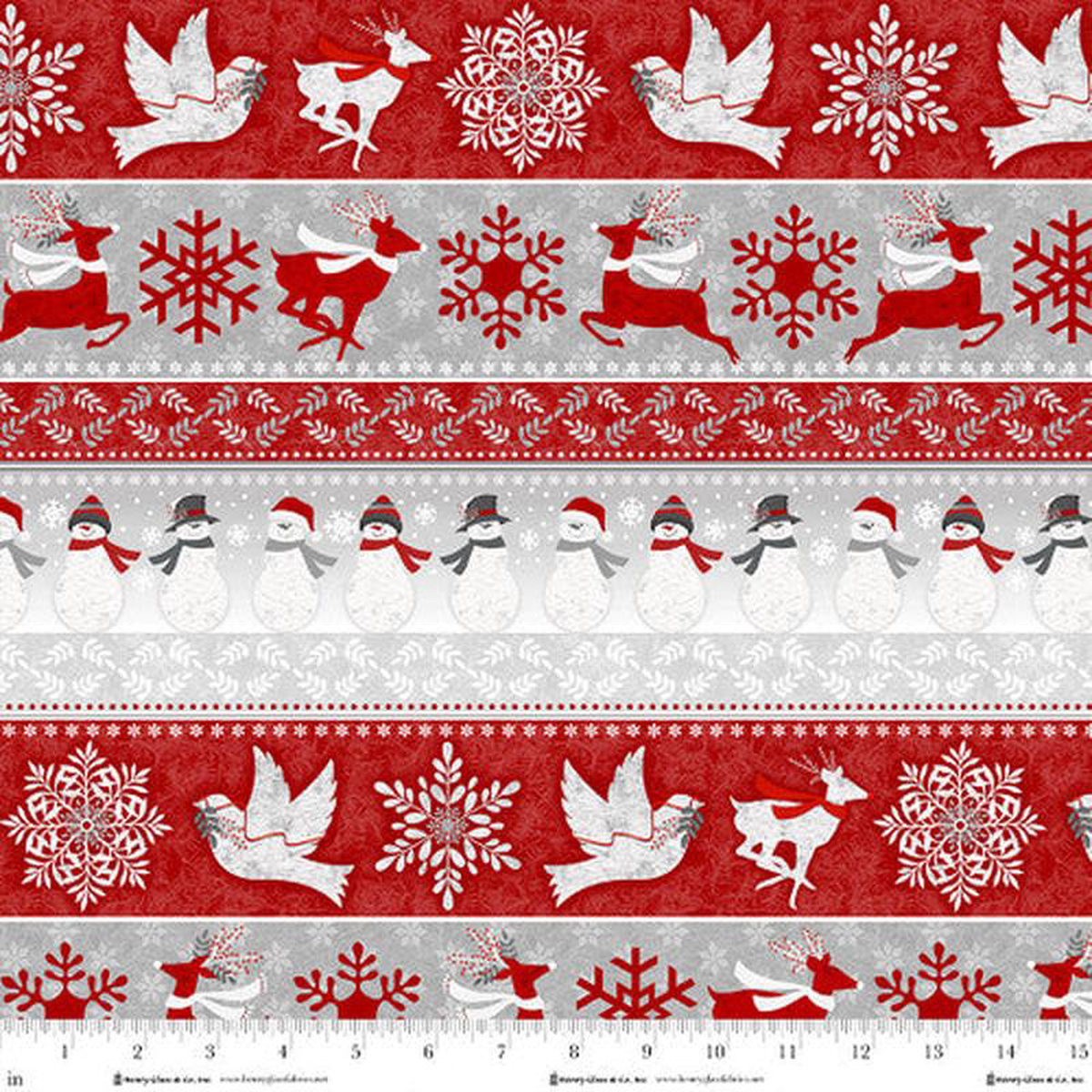 Fabric Henry Glass RedGray Novelty Snowman Stripe Blizzard Fun by the Quarter Yard 2060-89