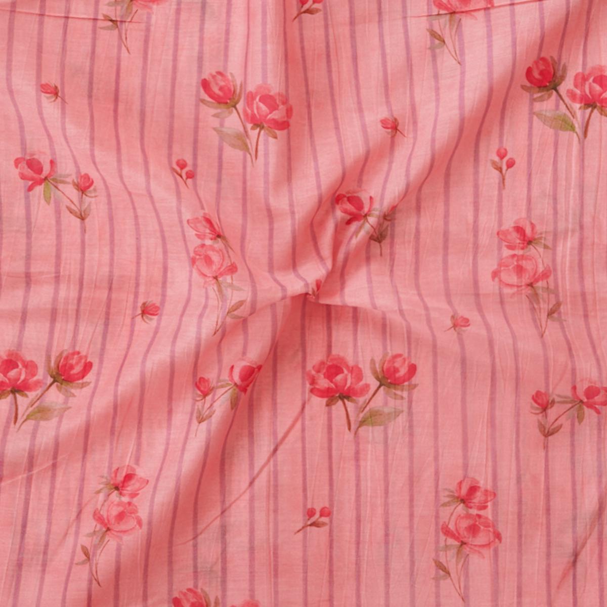 Malai Flowy Floral Peach Stripes With Flower Motif Digital Print Fabric
