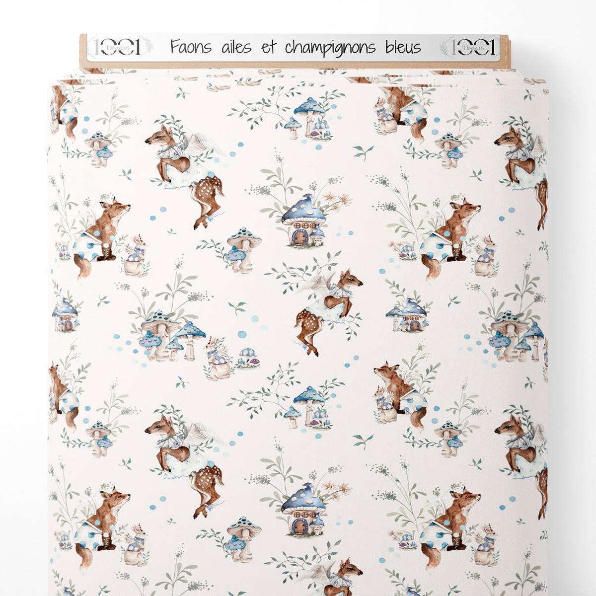Tissu - Faons ails et champignons bleus