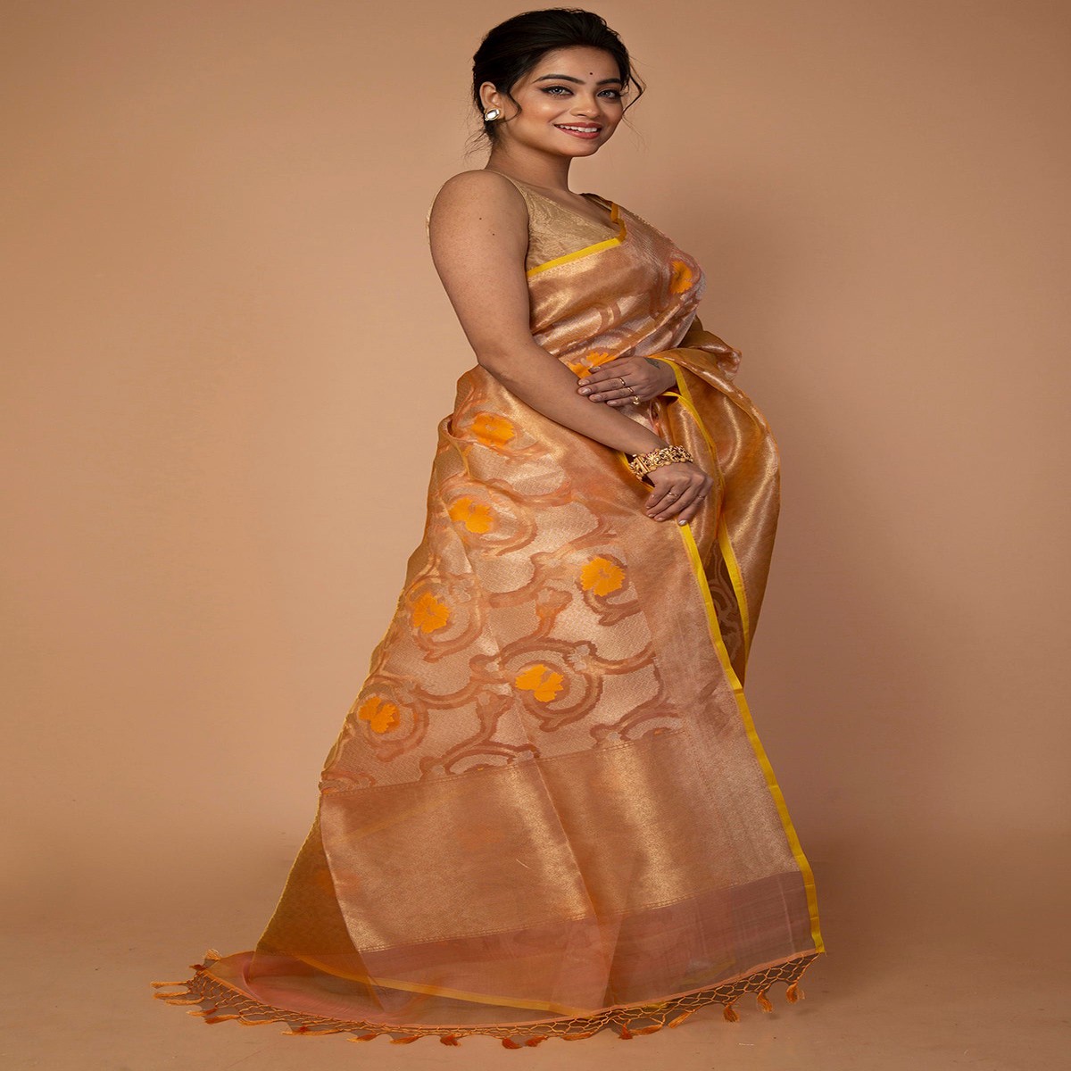 Banarasi Kora Organza Jaal Yellow Saree