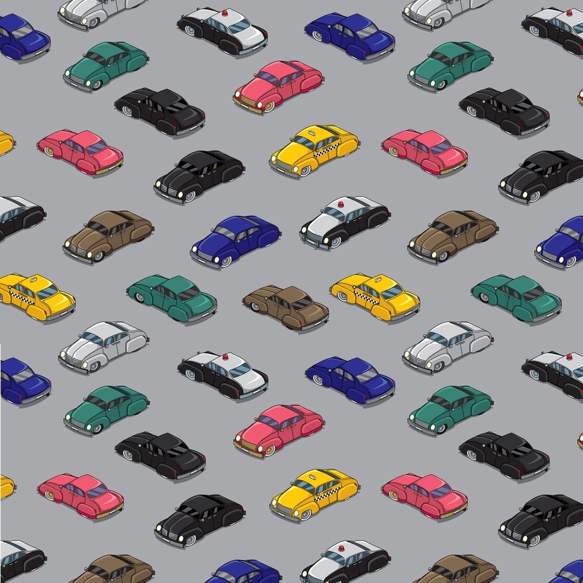 Retro Cartoon Cars Fabric - Gray