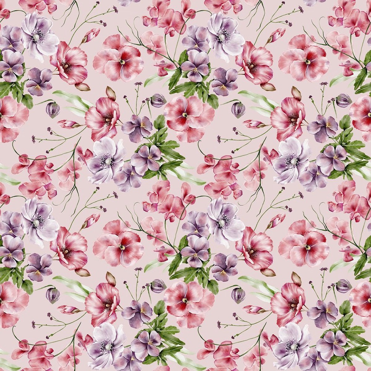 English Garden Pansies Cosmos and Poppies Fabric - Pink