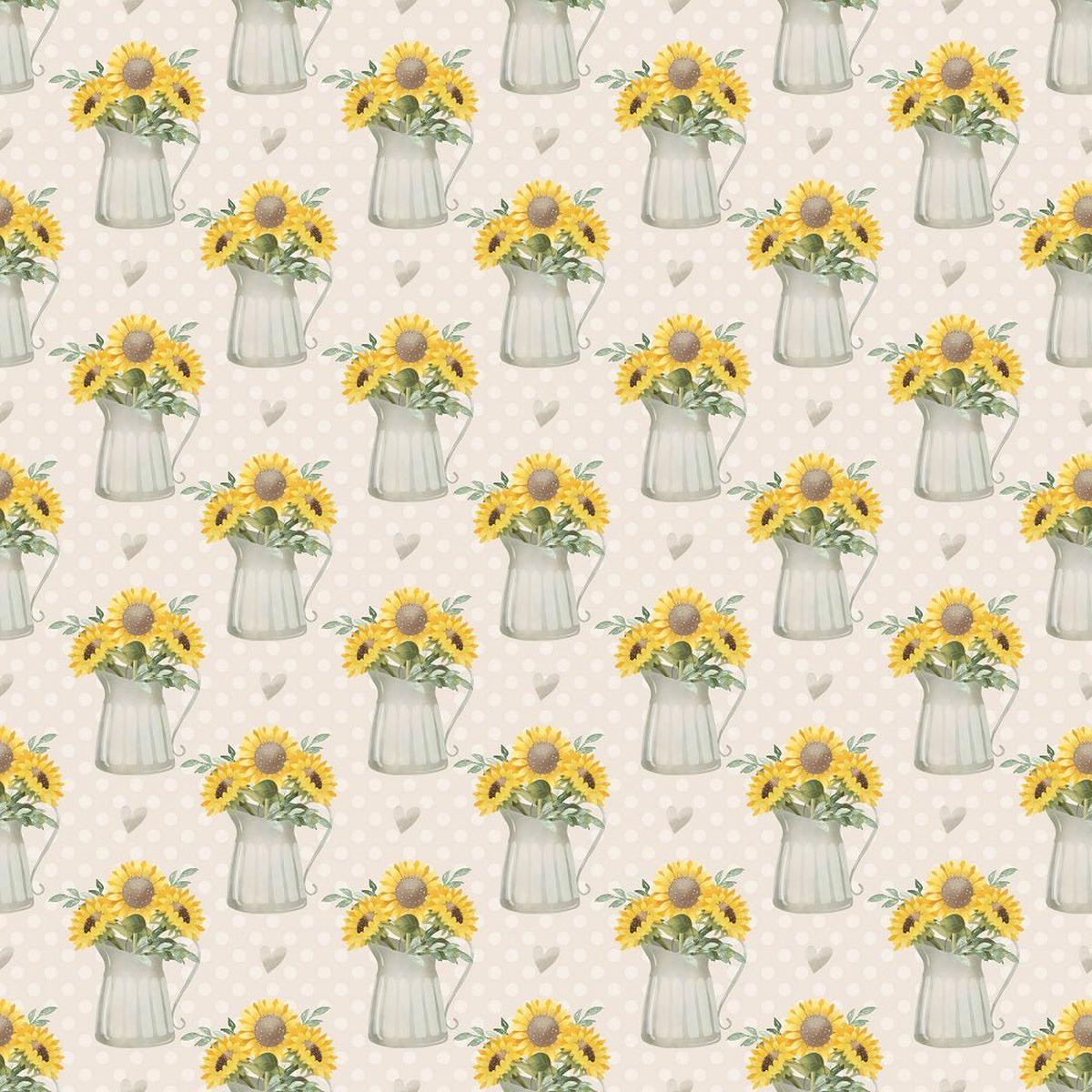 Farmhouse Sunflowers in Watering Can on Dots Fabric - Tan