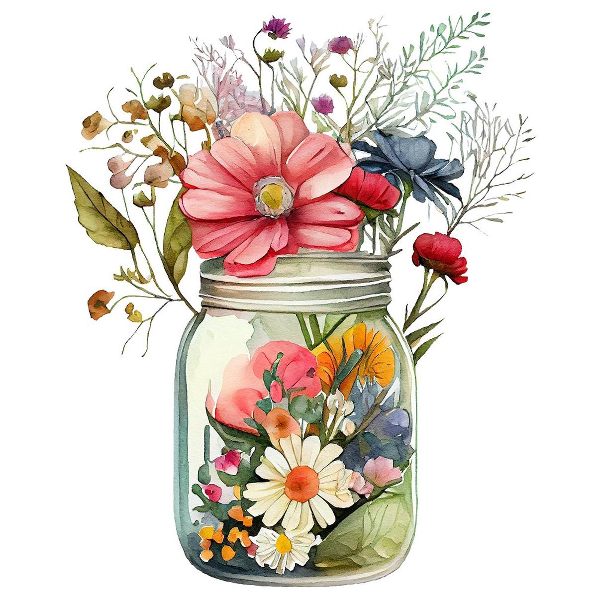 Mason Jar Flowers 6 Fabric Panel