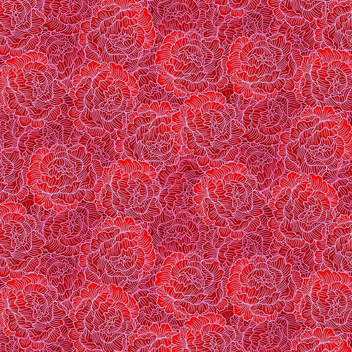 Red Tonal Packed Flower Peony Fabric Living Color Collection