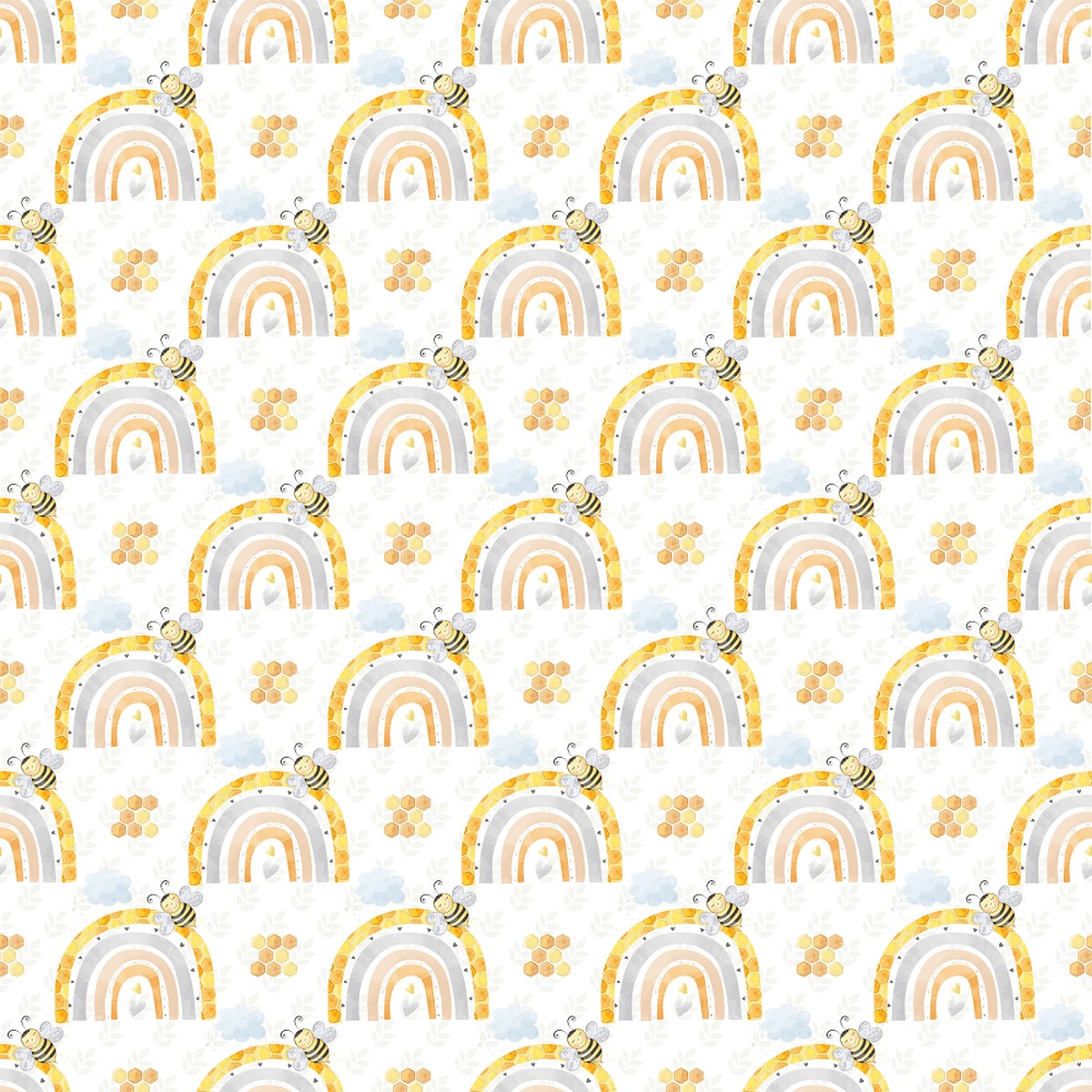 Honey Comb Rainbows on Leaf Fabric - Grey