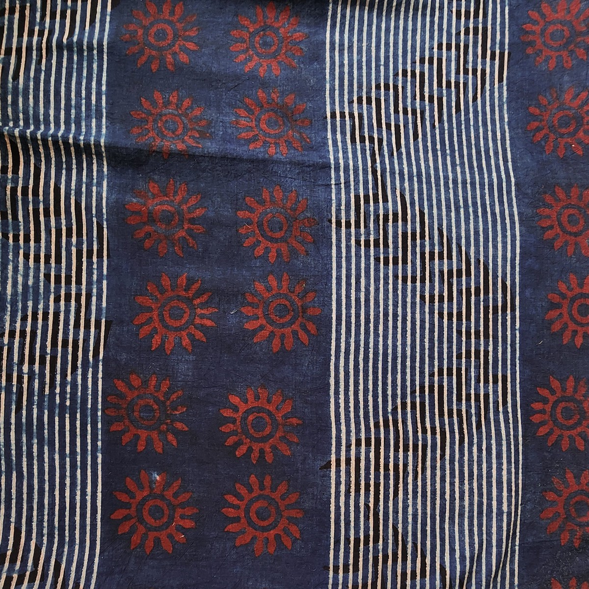 Pure Cotton Ajrak Blue With Sun Motif And Geometrical Lines Hand Block Print Fabric