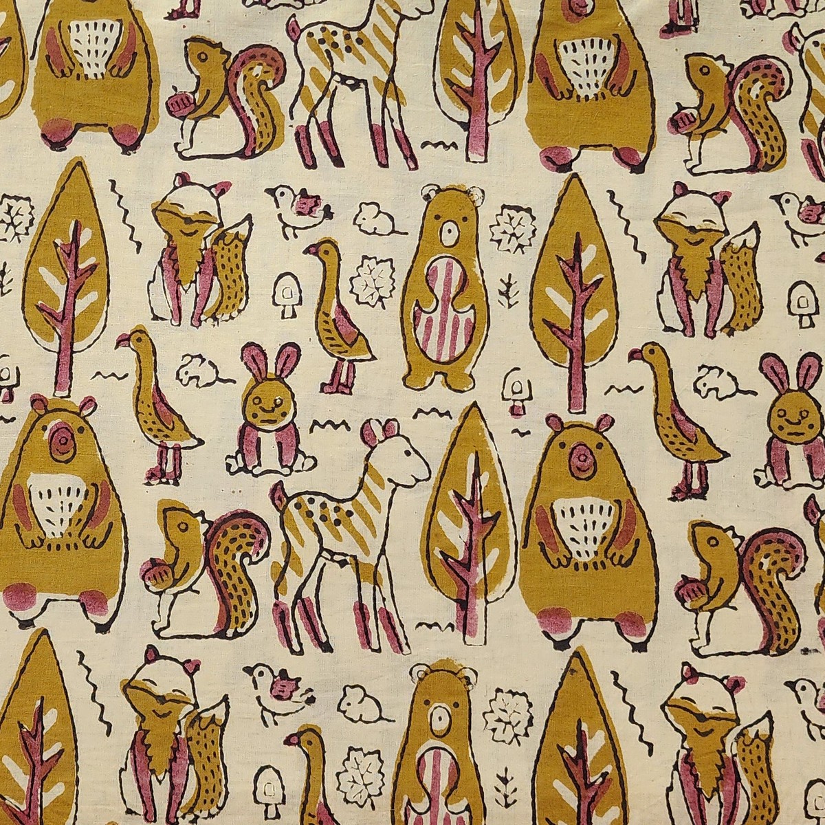 Pure Cotton Bagru Cream With Mustard Wild Animal Hand Block Print Fabric
