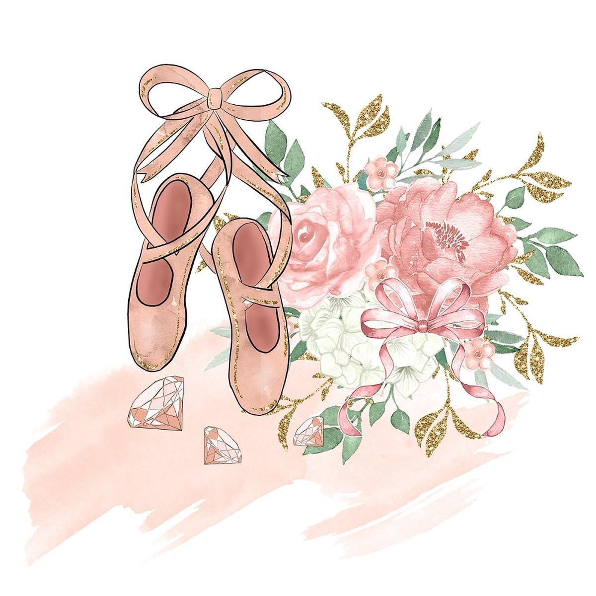 Elegant Watercolor Ballerina Point Shoes with Bouquet Fabric Panel