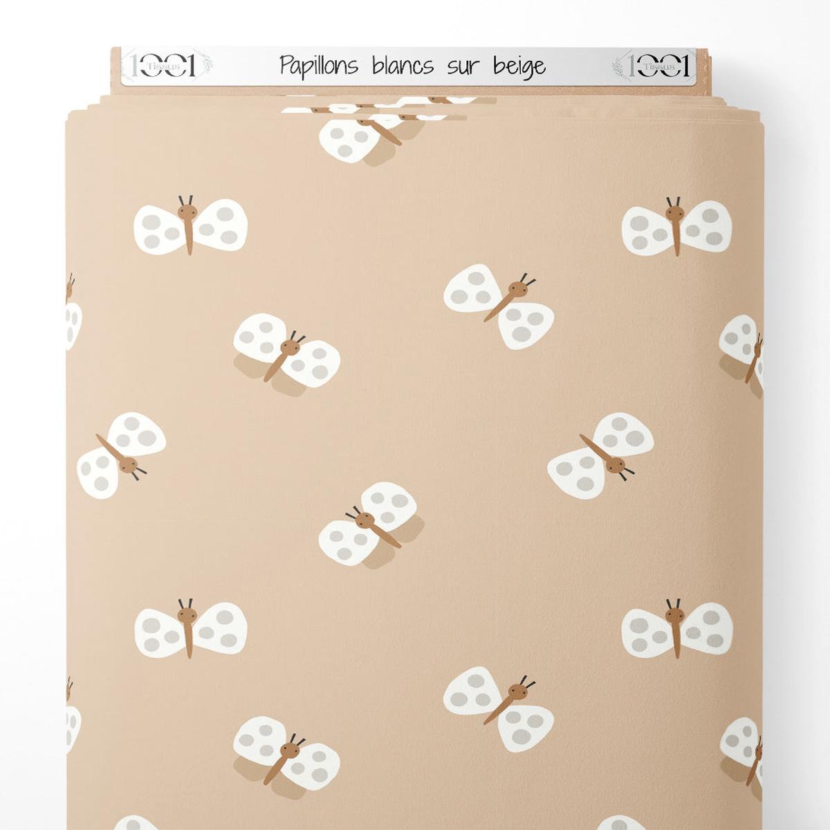 Tissu - Papillons blancs sur beige