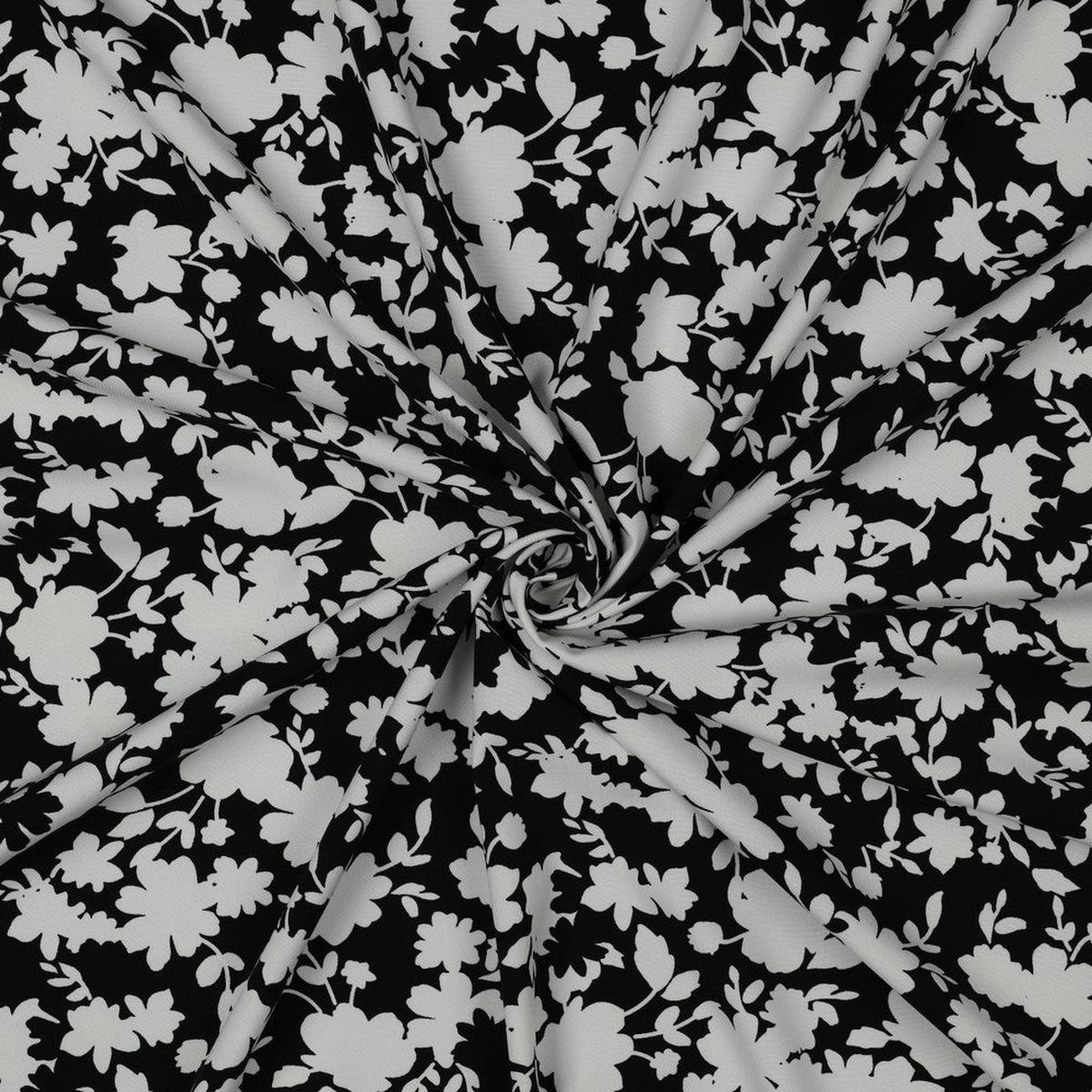 Viscose stretch "Rain of flowers on black background" (Price for 10cm)