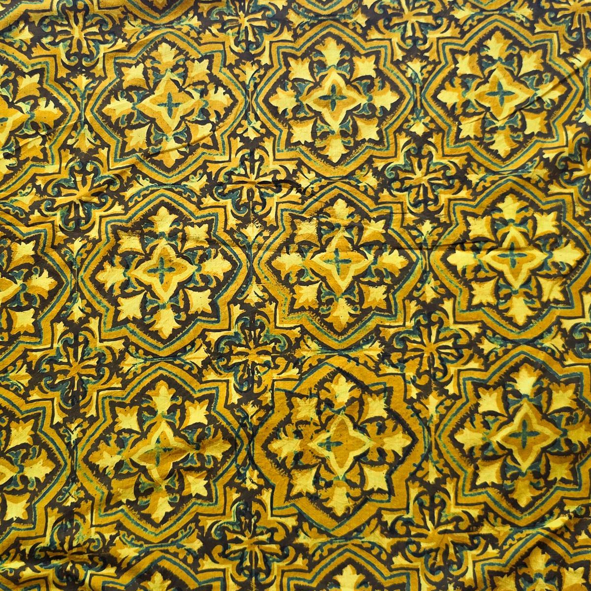 Pure Cotton Ajrak Yellow With Black Intricate Design Hand Block Print Fabric