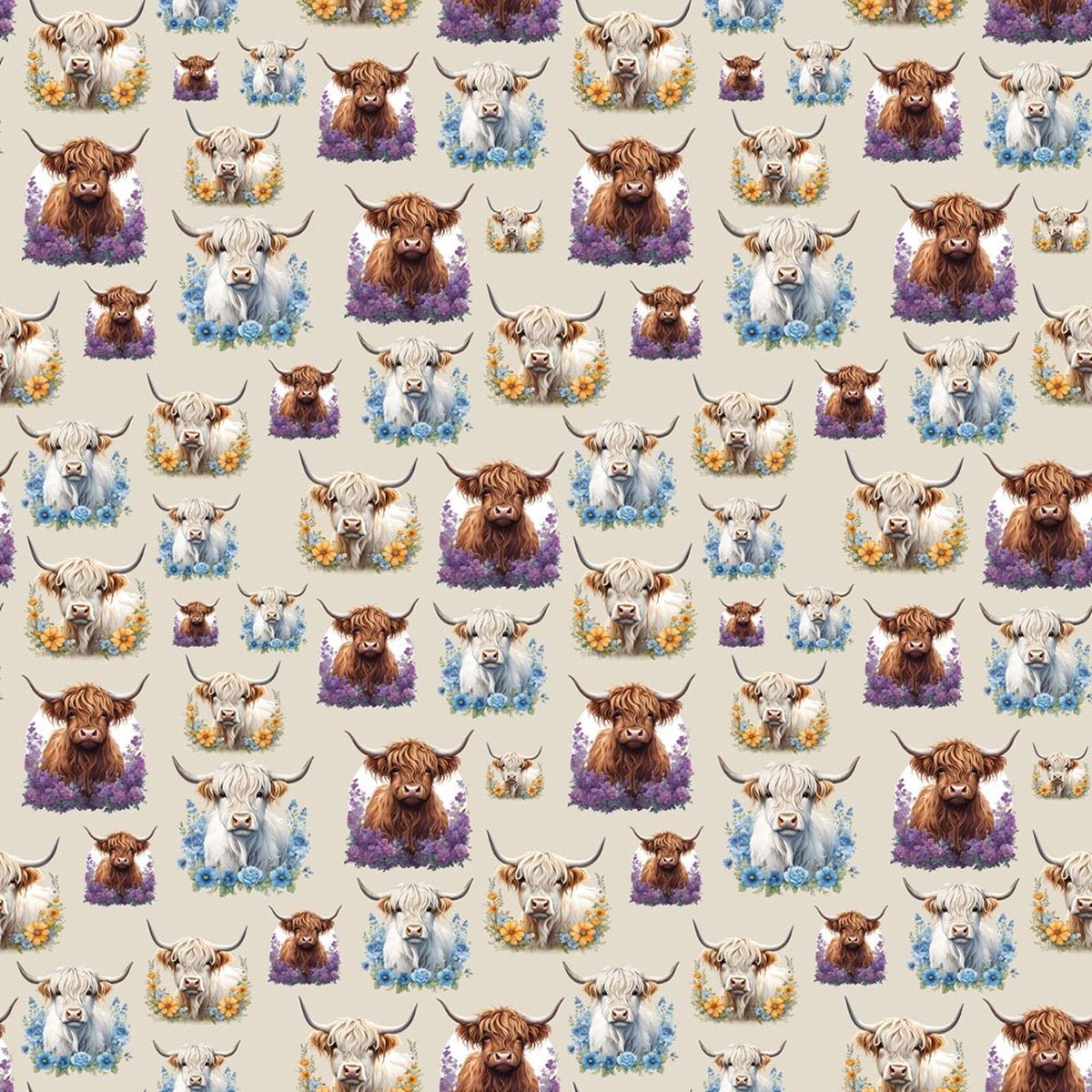 Brown White Highland Cows Flowers Fabric - Tan
