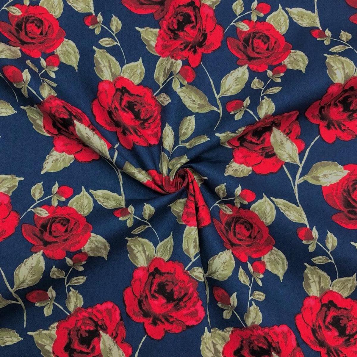 Large Roses on Navy Cotton Poplin Fabric