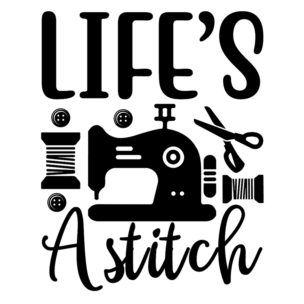 Lifes A Stitch Fabric Panel - BlackWhite