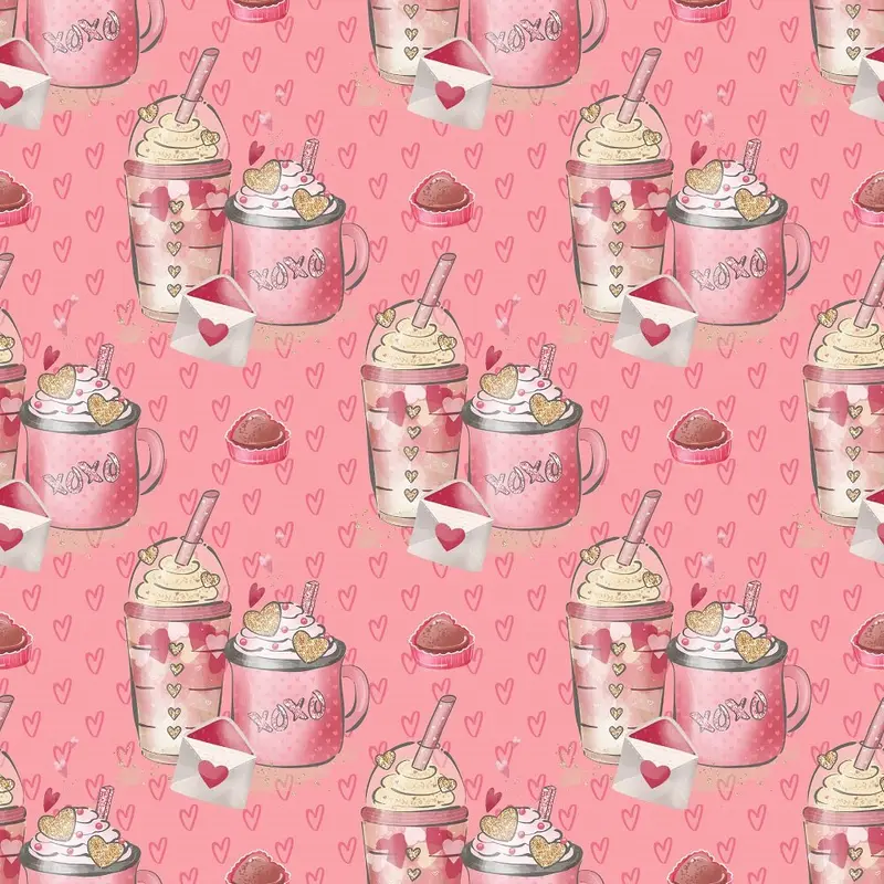 Valentines Coffee on Hearts Fabric - Pink