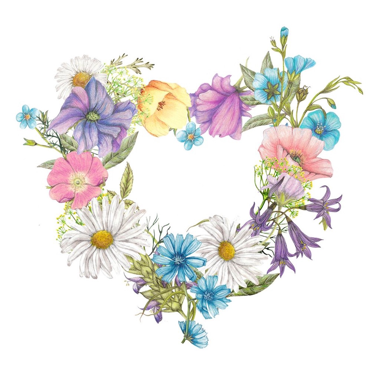 Garden Wildflower Heart Wreath Fabric Panel