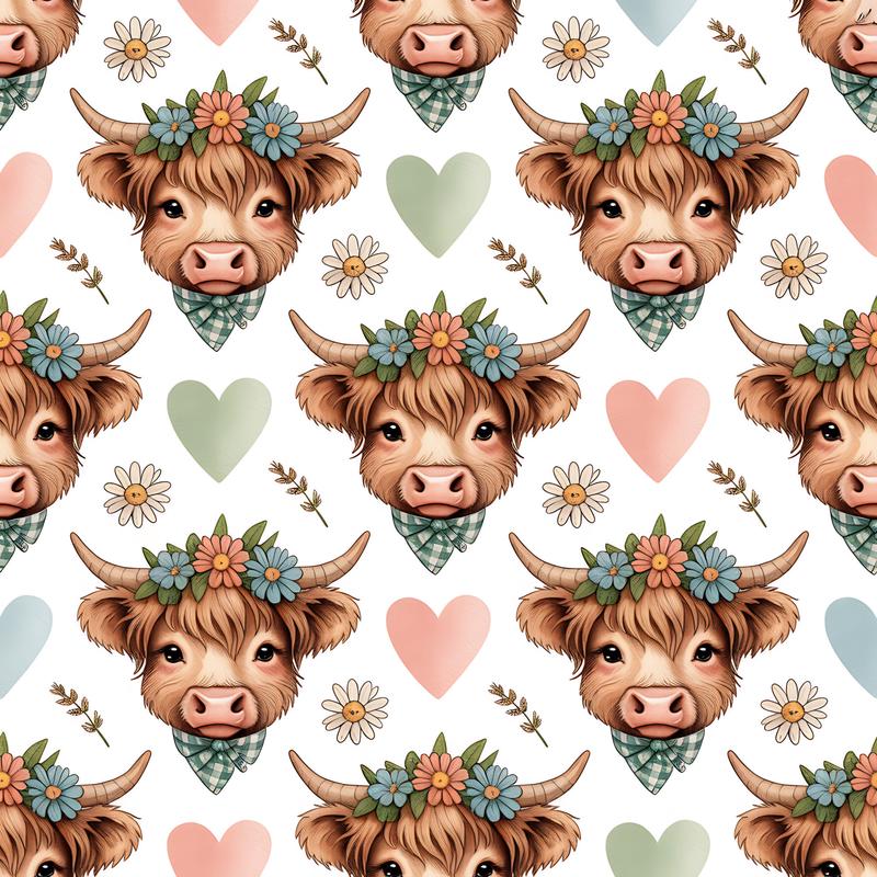 Highland Cow Heads Pattern 7 Quilting Cotton Fabric