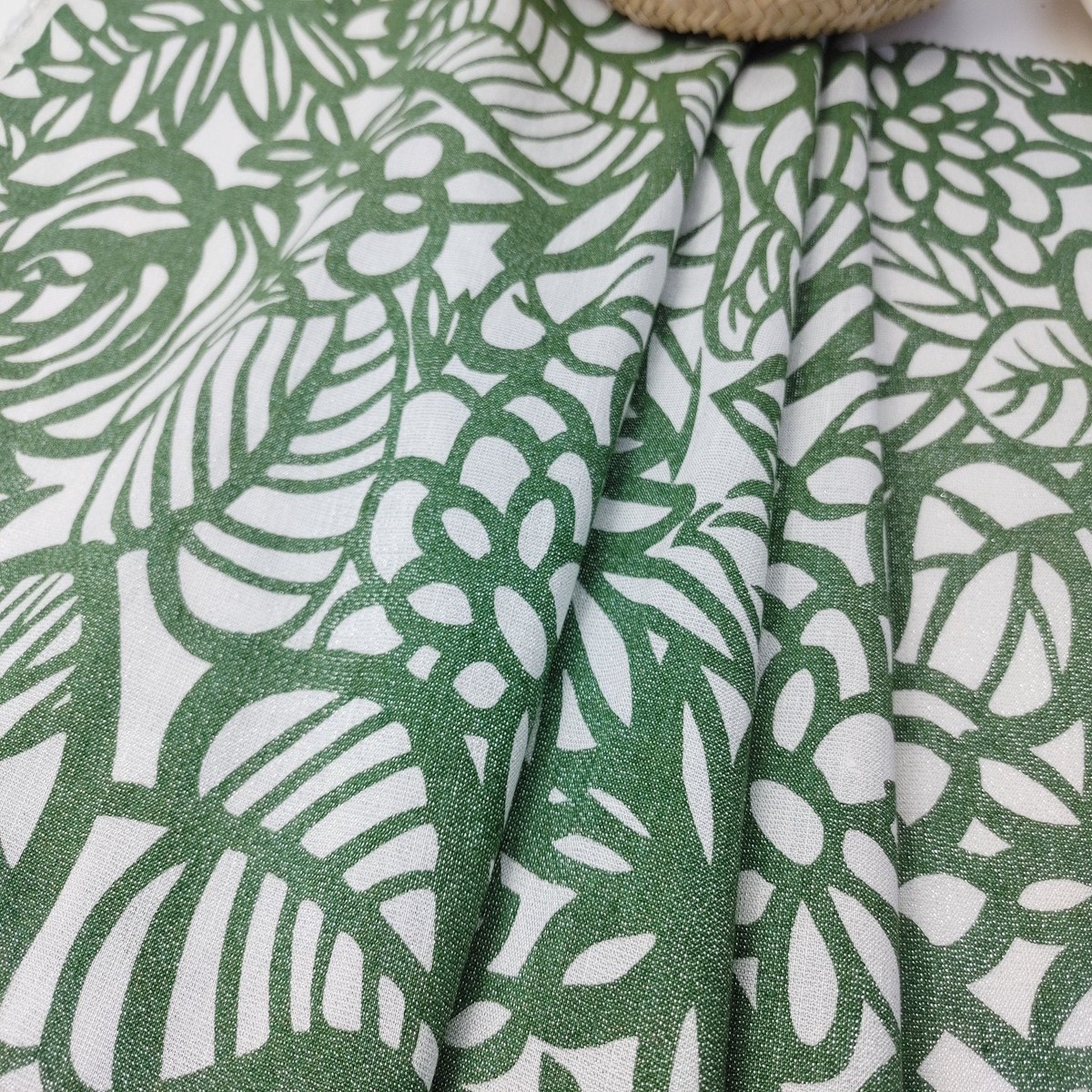 Linen Tencel Lurex Blend Fabric in Green Leaf Print 4082