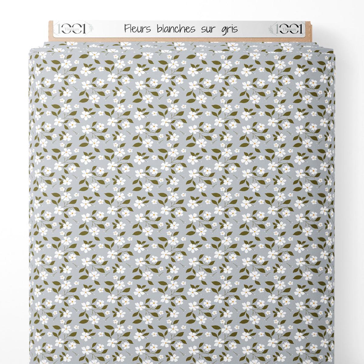 Tissu - Fleurs blanches sur gris