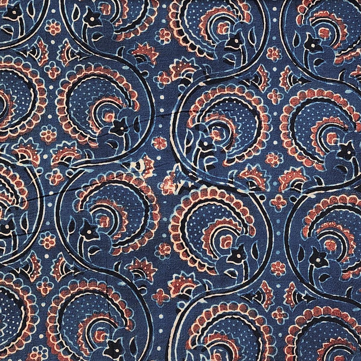 Pure Cotton Ajrak Rust Blue With Red Flower Jaal Hand Block Print Fabric