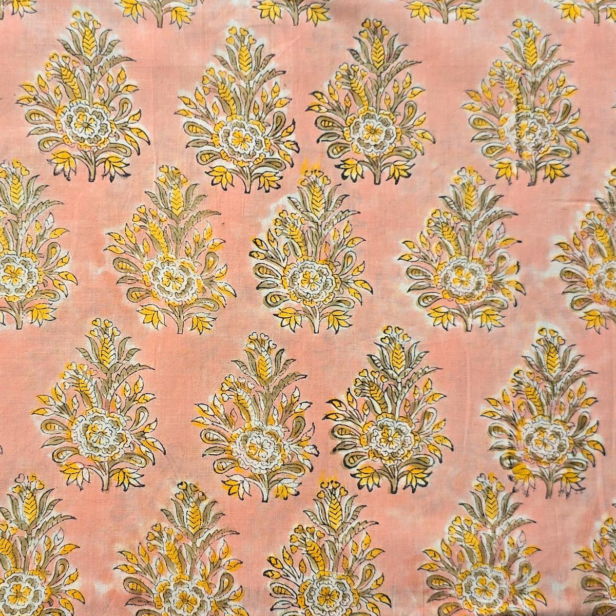 Pure Cotton Jaipuri Peach With Yellow Flower Motif Hand Block Print Fabric