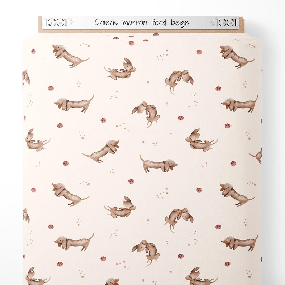 Tissu - Chiens marron sur fond beige