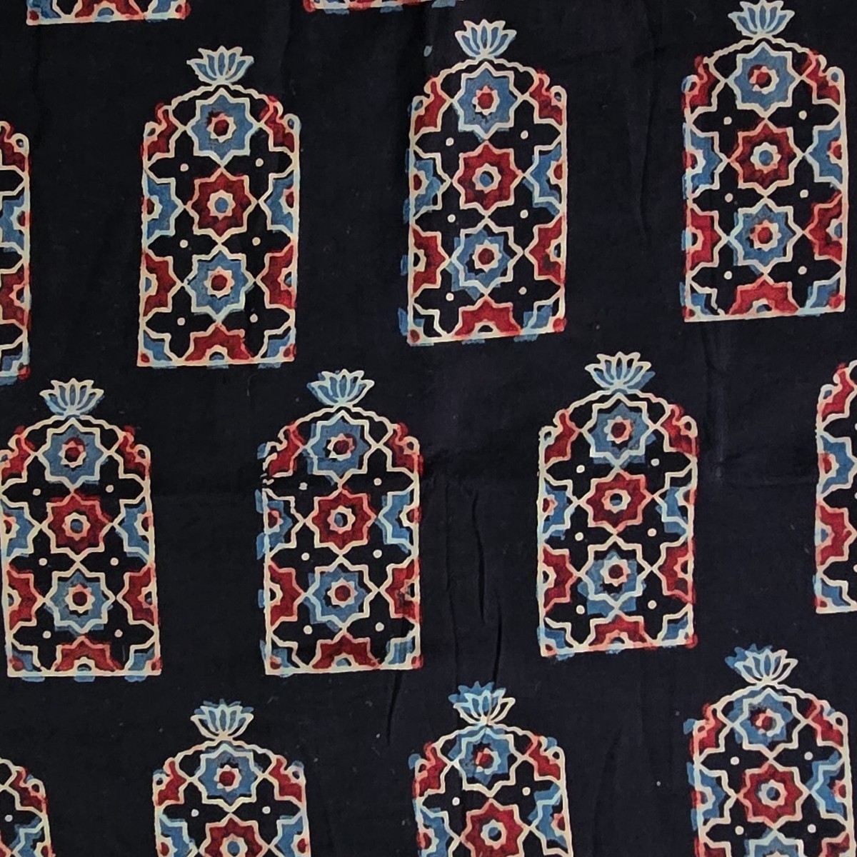Pure Cotton Ajrak Black With Red And Blue Intricate Design Door Hand Block Print Fabric