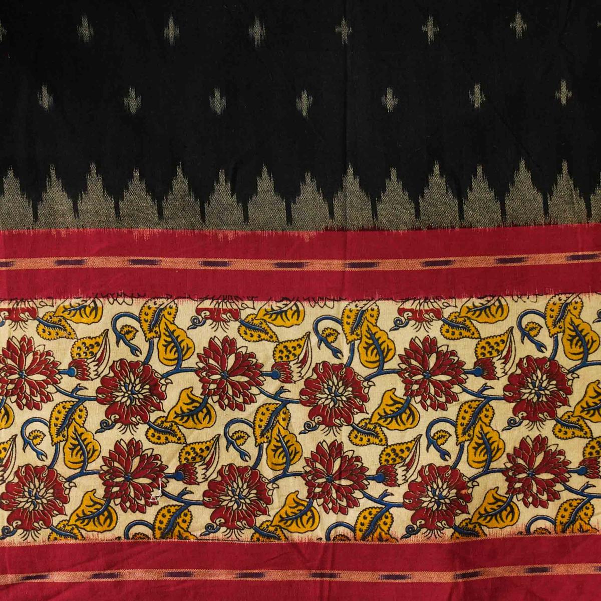 Pure Cotton Black Ikkat With Cream With Maroon Flower Kalamkari Border Hand Block Print Fabric