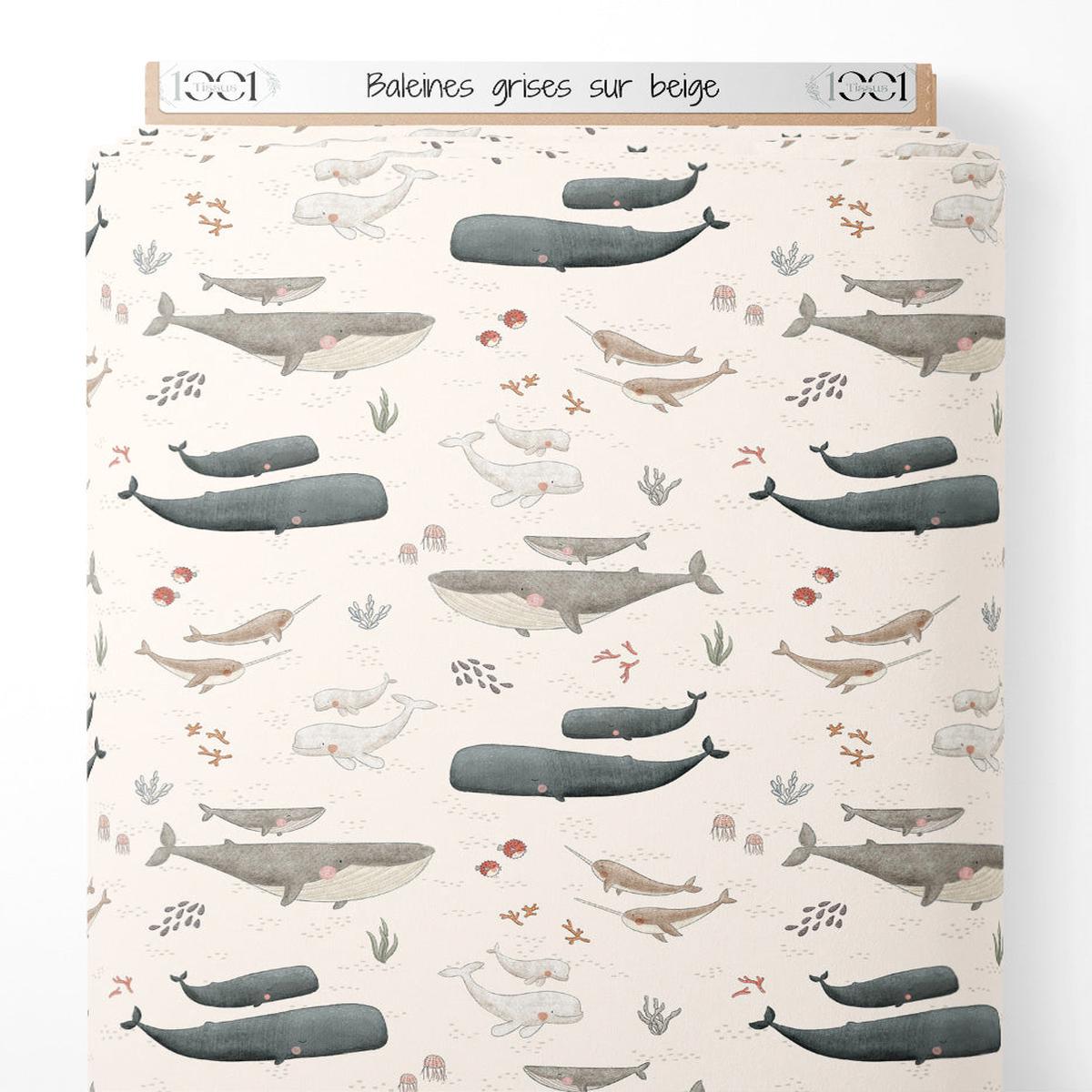 Tissu - Baleines grises sur beige
