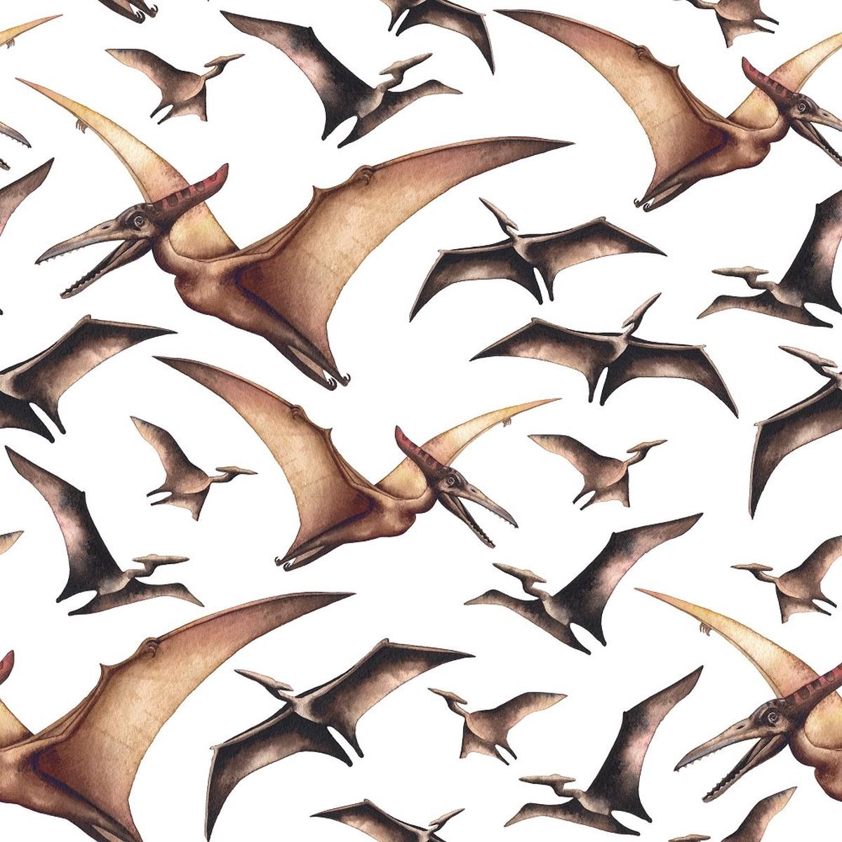 Watercolor Pterodactyls Fabric - White
