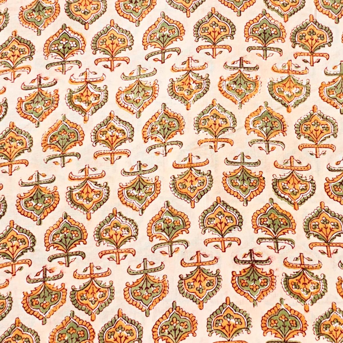 Pure Cotton Jaipuri Peach With Green And Yellow Small Motif Hand Block Print Fabric