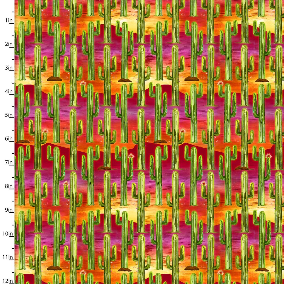 Fabric CACTUS SCENIC, RED, from Whimsical West by Connie Haley for 3 Wishes, # 20275-RED-CTN-D