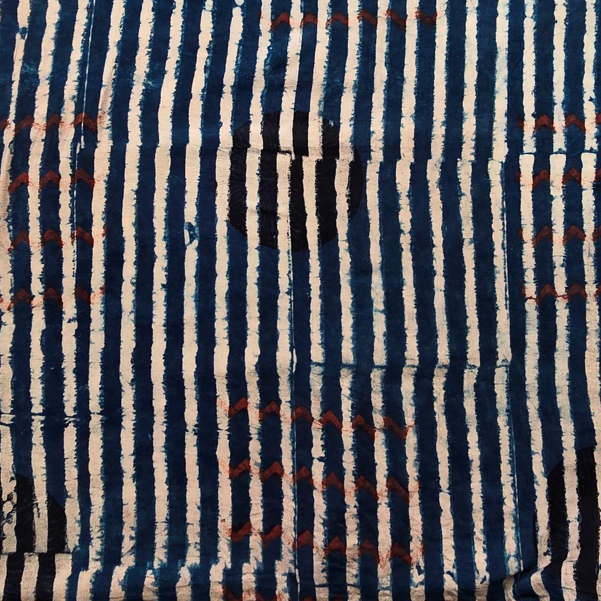 Pure Cotton Ajrak Blue With Cream Big Polka Dot Zig Zag Intericate design Hand Block Print Fabric