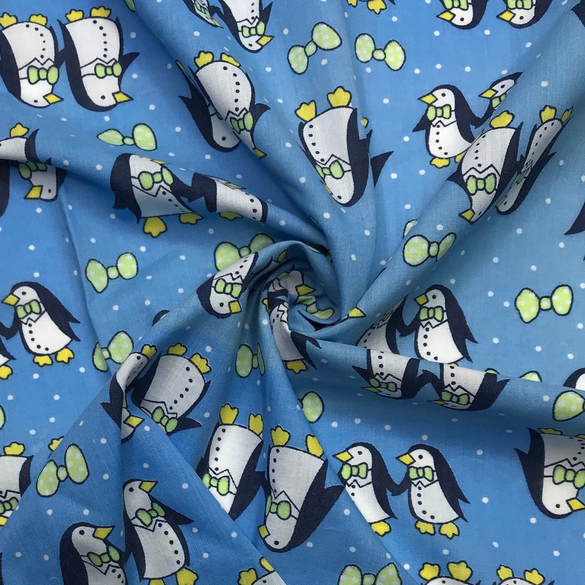 Happy Feet Bow Tie Blue - Cotton Woven - Blue Multi Penguin - 0.85M Bundle