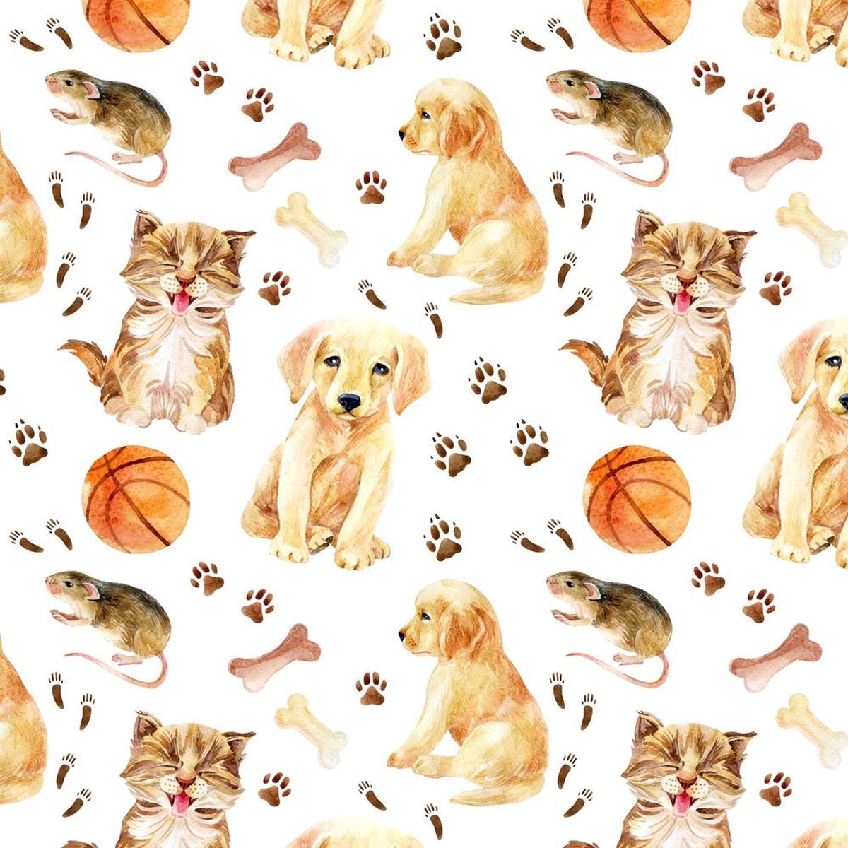 Watercolor Kitten Mouse Puppy Fabric