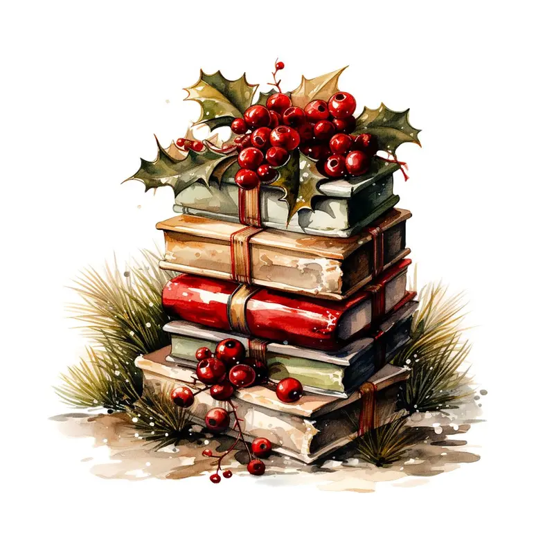 Stacked Christmas Books #5 Fabric Panel