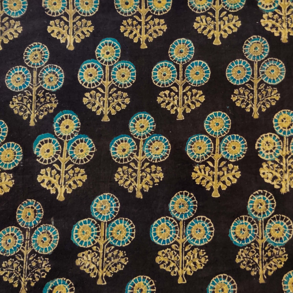 Pure Cotton Ajrak Dark Brown With Tiny Dahlia Plant Motif Hand Block Print Fabric