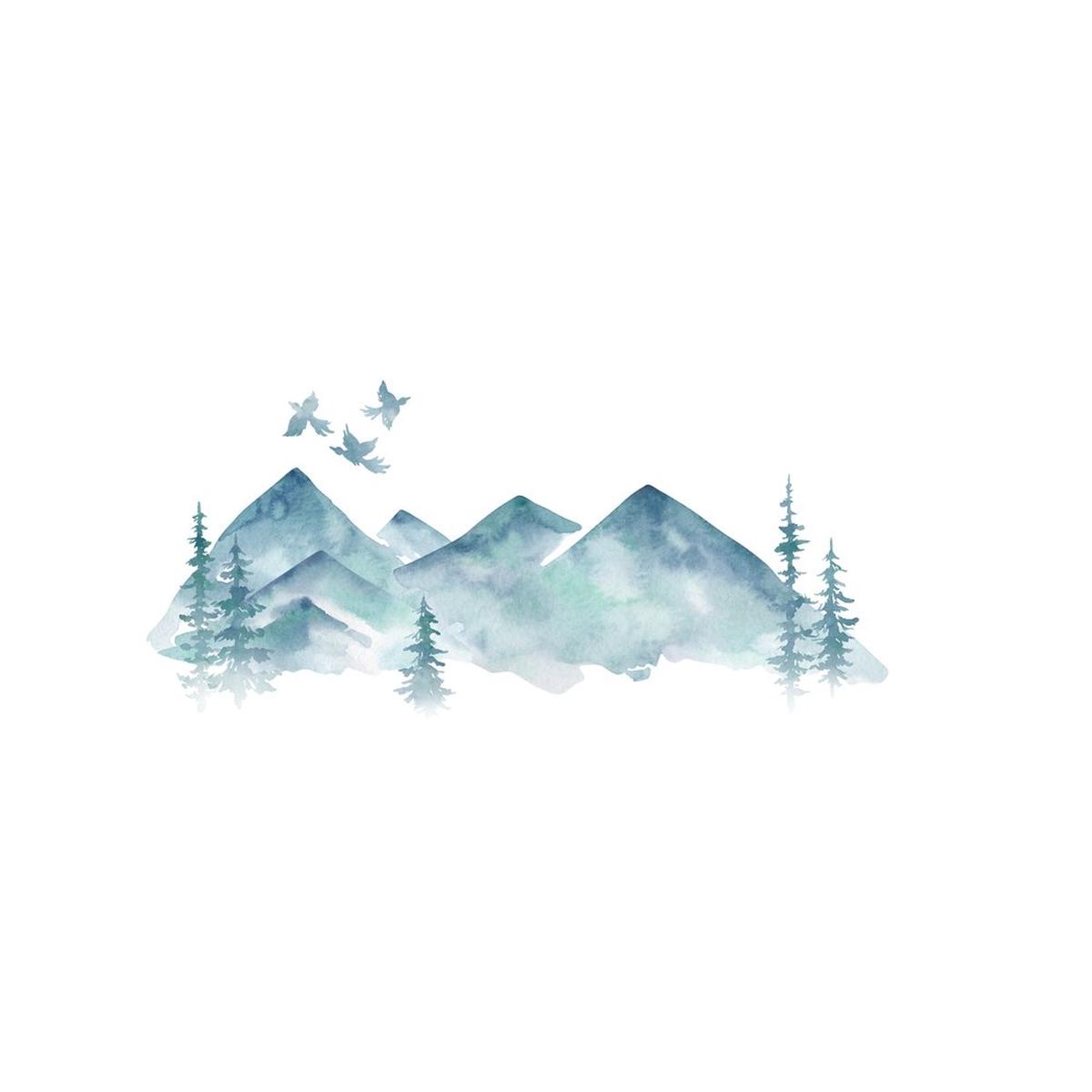 Watercolor Valley Landscape Fabric Panel - Blue