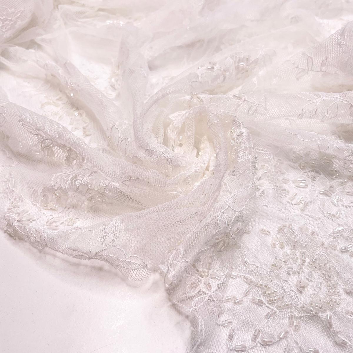 Glorious Glimmer - Beaded Lace Nylon Woven - White Floral - 1M Bundle