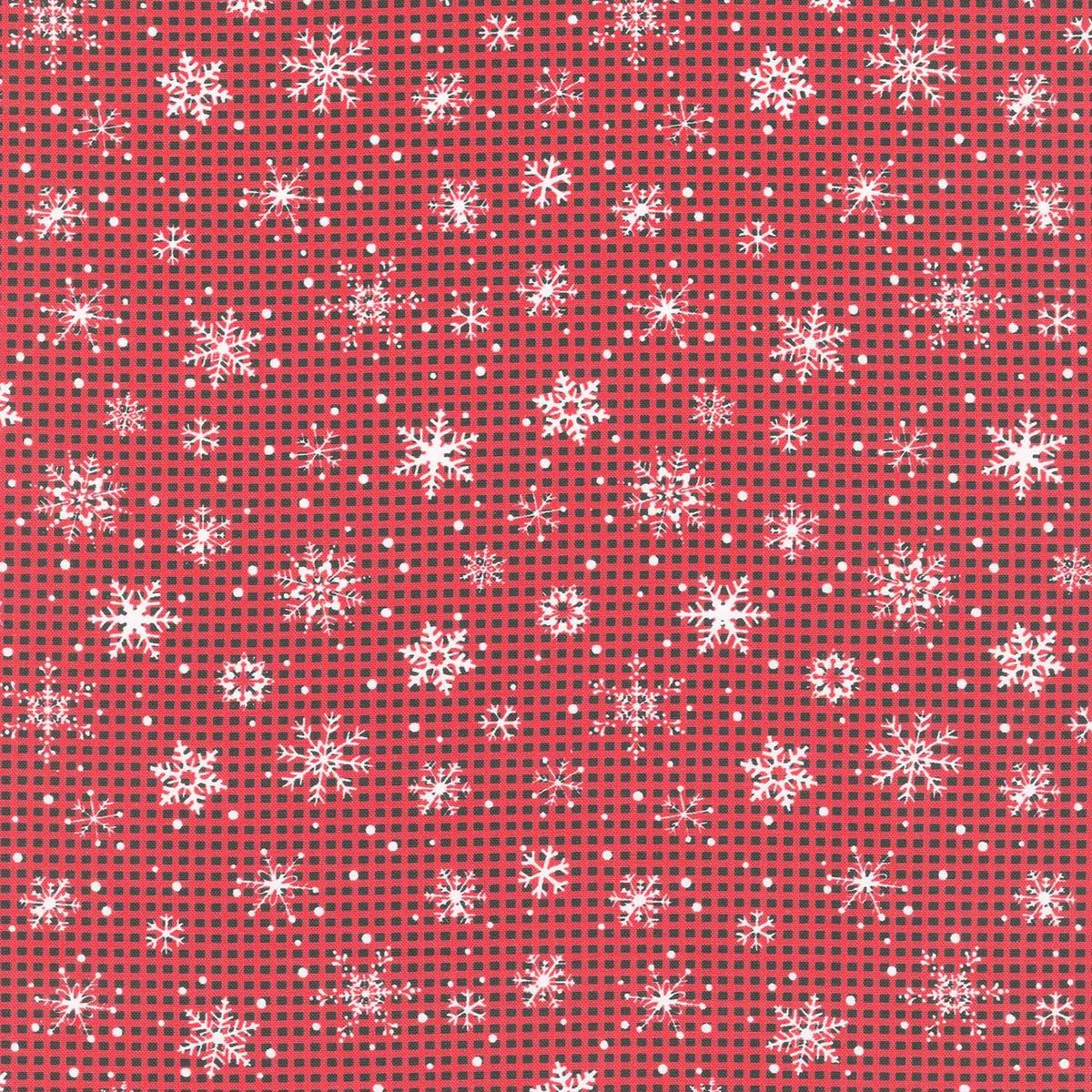 Gnome for The Holidays - Snowflakes on Buffalo Plaid Red Yardage