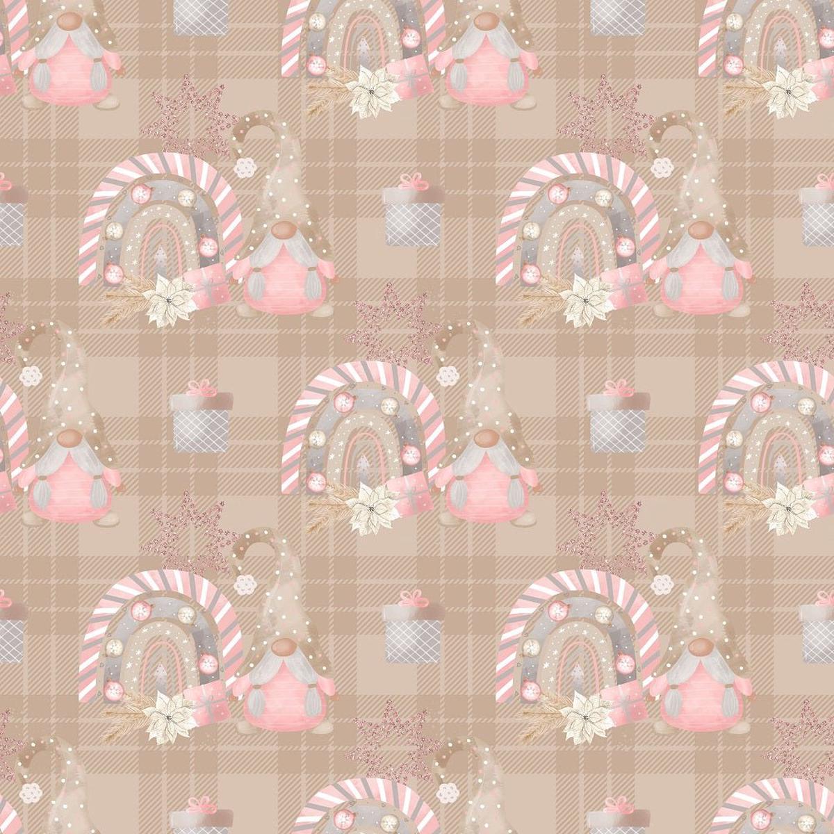 Sweet Christmas Gnomes with Rainbows Fabric - Tan