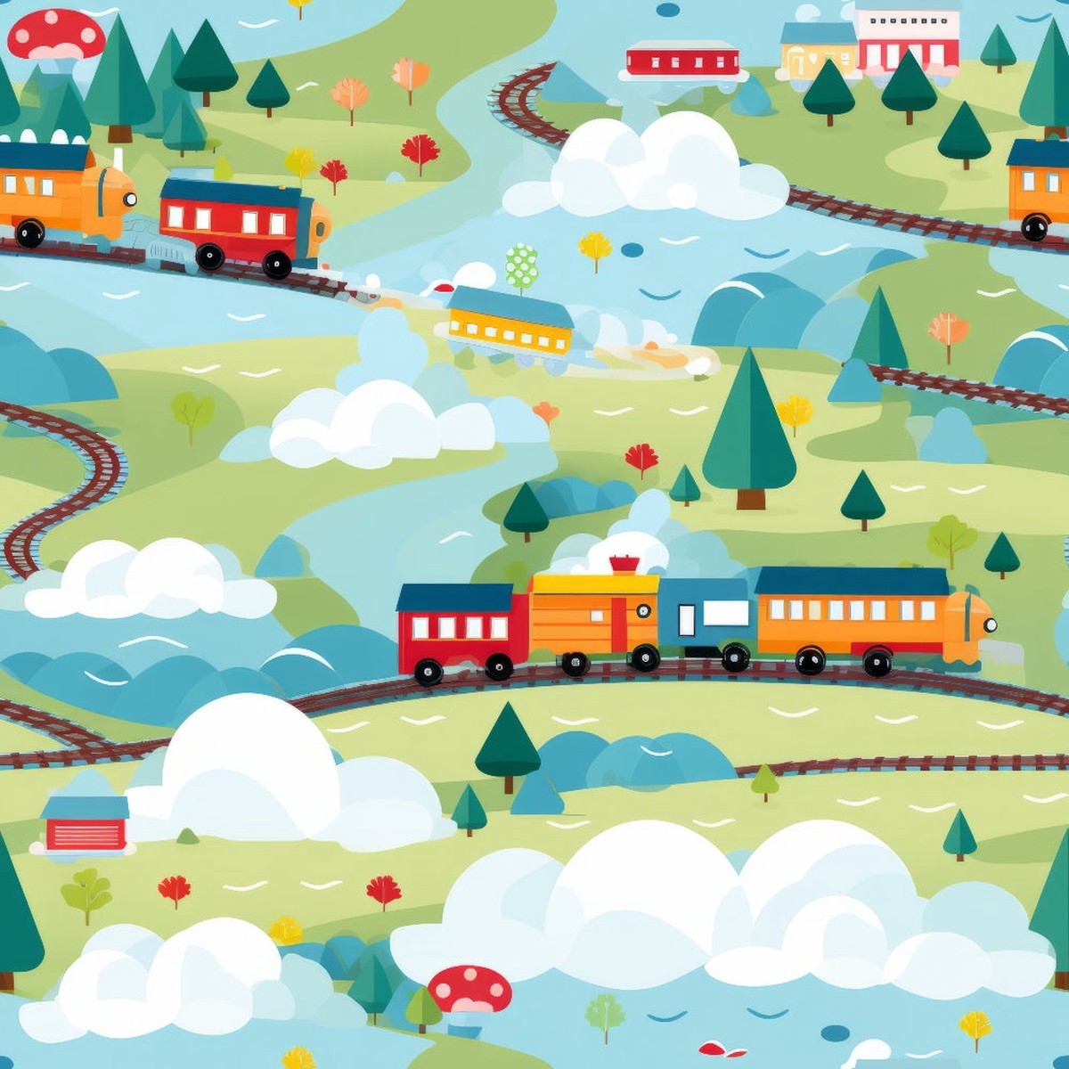 Cartoon Trains Pattern 12 Quilting Cotton Fabric
