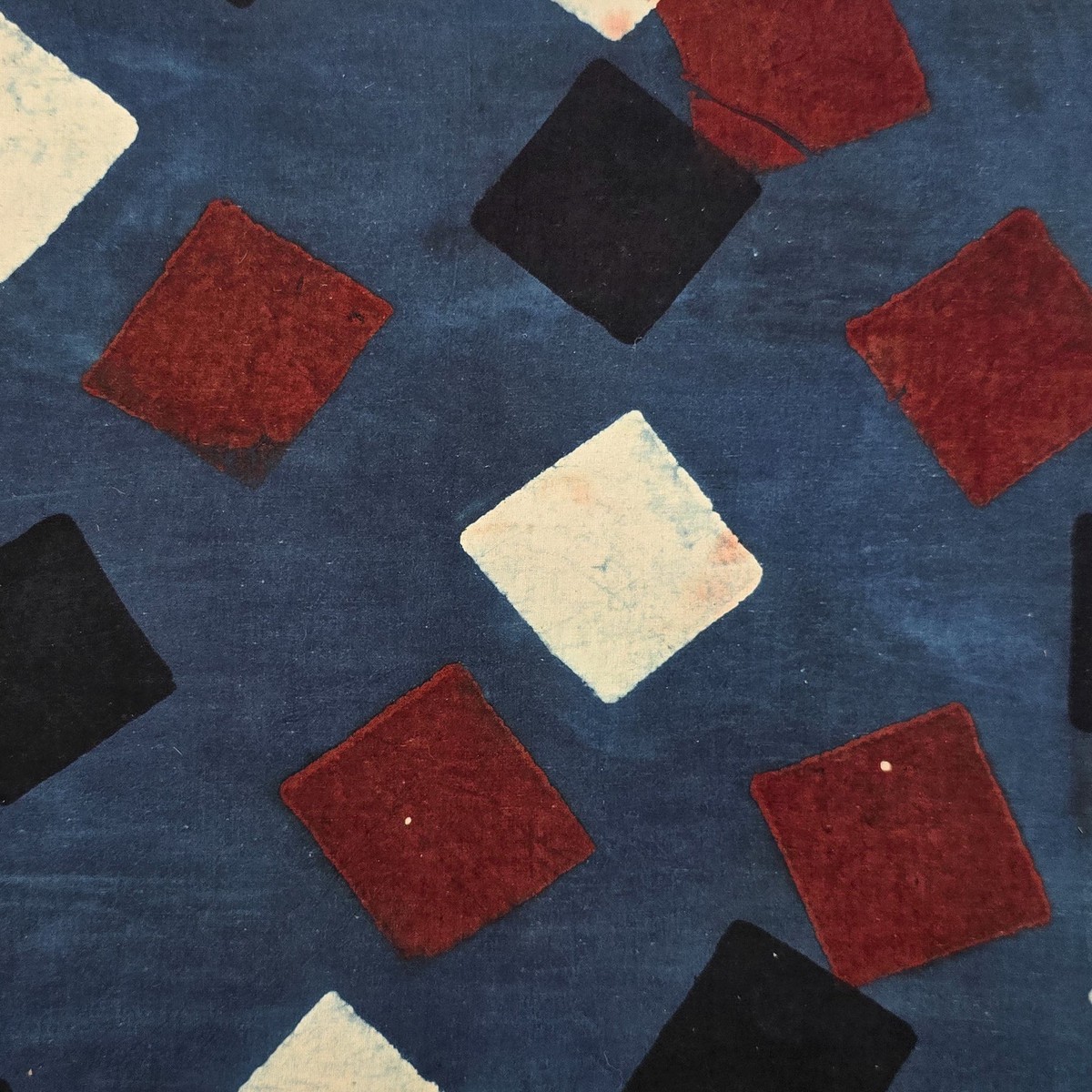 Pure Cotton Ajrak Blue With Black And Rust Red Square Design Hand Block Print Fabric