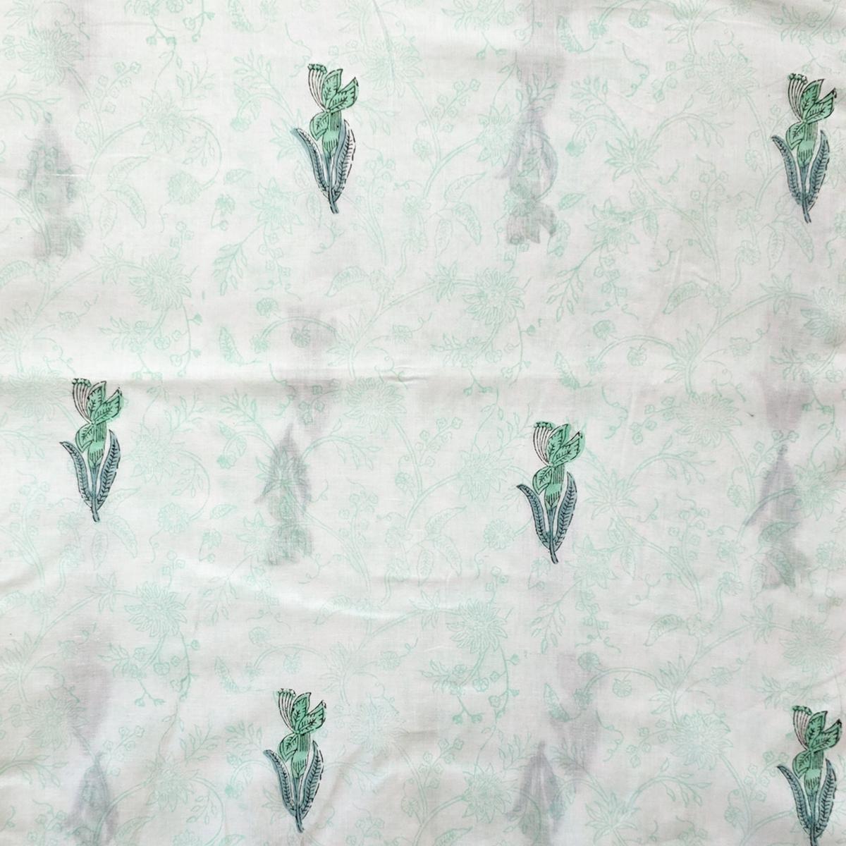 Pure Cotton Jaipuri White And Green Self Design With Flower Plants Motif Hand Block Print Fabric